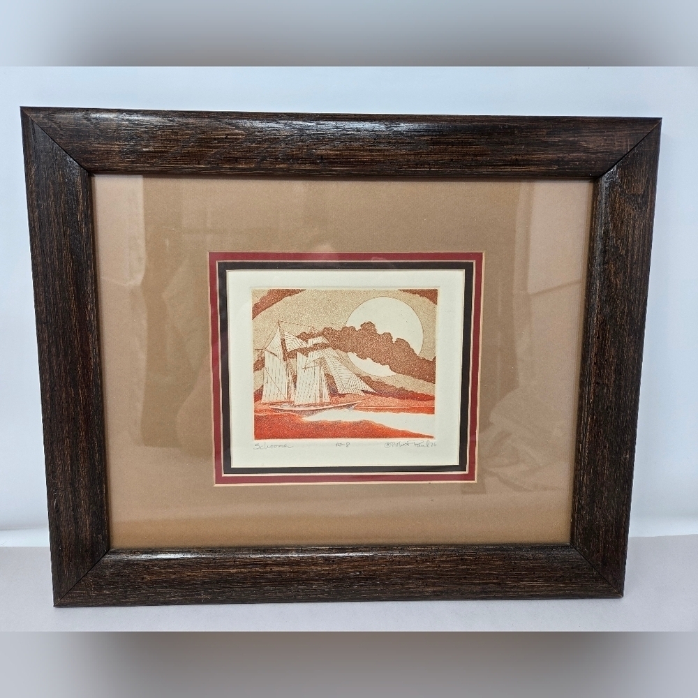 Schooner By Robert Paul 1976 Original Etching Signed By Artist In Wood Frame